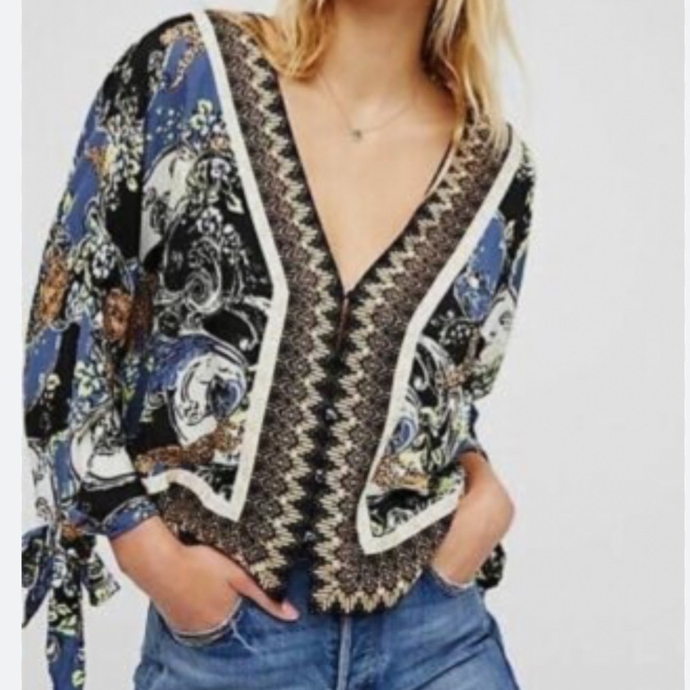 Free People Flowy Button Front Blouse Leopard Floral Geometric Black Medium